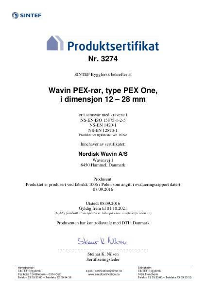 'Godkjennelse - No. 3274 - Wavin PEX-rør, type PEX One