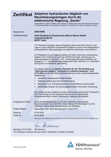 TÜV Zertifikat Hydraulischer Abgleich mit Wavin Sentio für statische Heizkörper