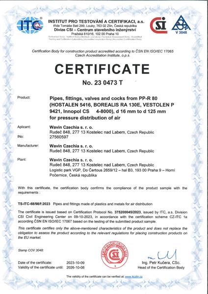 Certificato ITC Tubi Fiber Basalt Plus - Basalt Clima per aria compressa