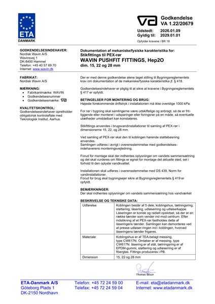 Godkendelse - No. VA 1.22/20679 – Wavin Pushfit fittings