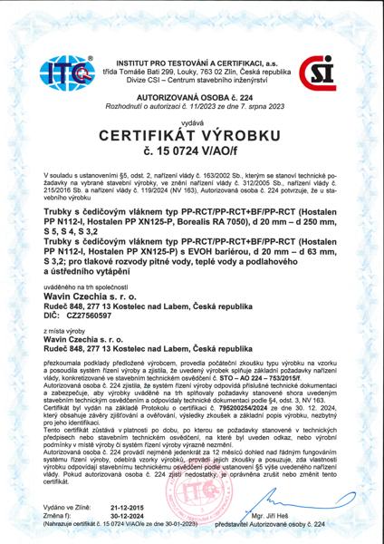 Certifikát Wavin PP-RCT Basalt, Basalt Clima voda, vytápění