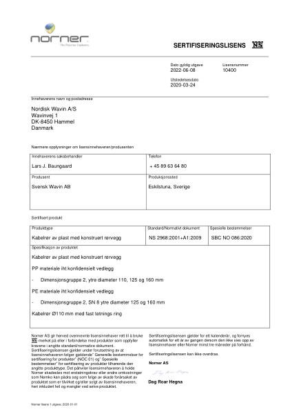 Godkjennelse - No. 10400 - DV kabelrør i PP