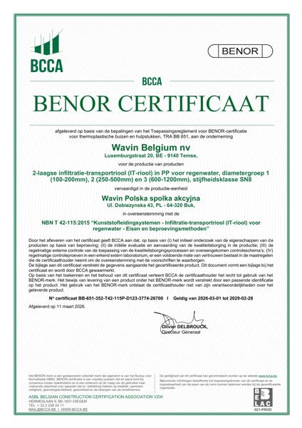 Certificaat BENOR PP NBN T42-115 2-laagse infiltratie-transportriool (IT-riool) in PP voor regenwater D1, D2 en D3 SN8