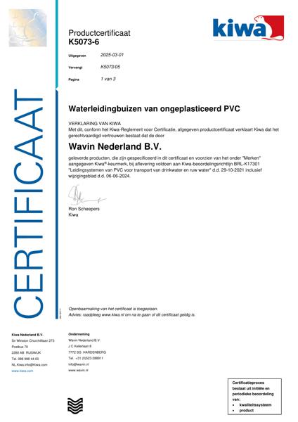 Certificaat Kiwa-ATA K5073-6 Waterleidingbuizen van ongeplasticeerd PVC