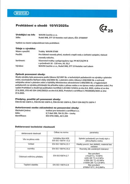 Prohlášení: Wavin PP-RCT Stabi plus voda, vytápění, vzduch
