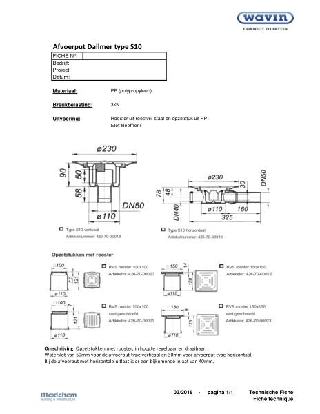 Technische fiche / Fiche technique Afvoerput Dallmer type S10 / Siphon de cour Dallmer type S10
