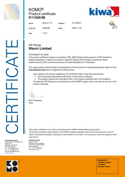 Certificaat Kiwa K11424/08 PB fittings - Fittingen Radiatoraansluitingen