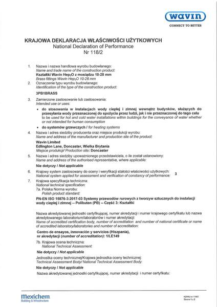 Krajowa Deklaracja Właściwości Użytkowych Nr 118/2 - Kształtki Wavin Hep2O z mosiądzu 10-28mm - 9.05.2017 - 8.01.2018