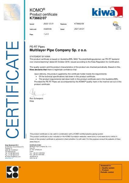 Certificaat KOMO K73662/07 PE-RT Pipes Wavin Vloerverwarming