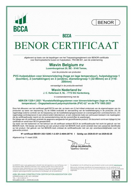 Certificaat BENOR PVC EN 1329 PVC-hulpstukken voor binnenriolering (hoge en lage temperatuur) C1, C2 en C3 Wavin NL
