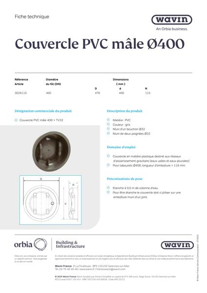 Fiche technique - Couvercle PVC Male DN400