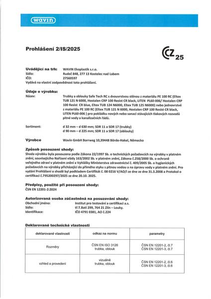 Prohlášení: SafeTech RC - voda a kanalizace 