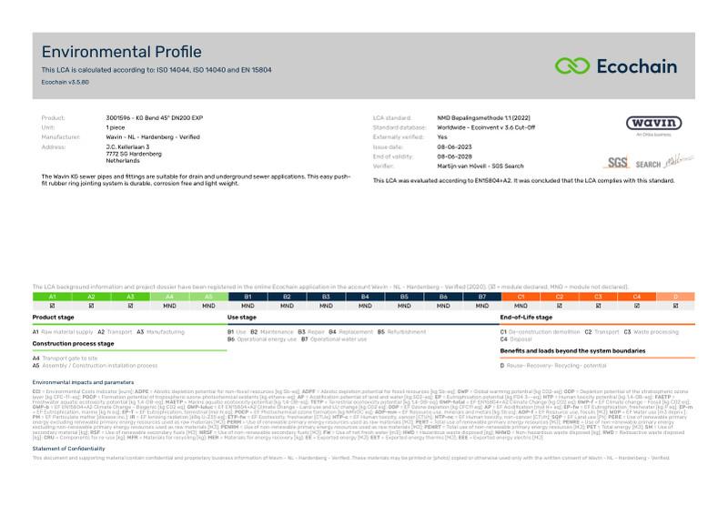 Wavin - NL - Hardenberg - Verified-3001596 - KG Bend 45 DN200 EXP-2020-environmental-profile 2023-07-06 1218