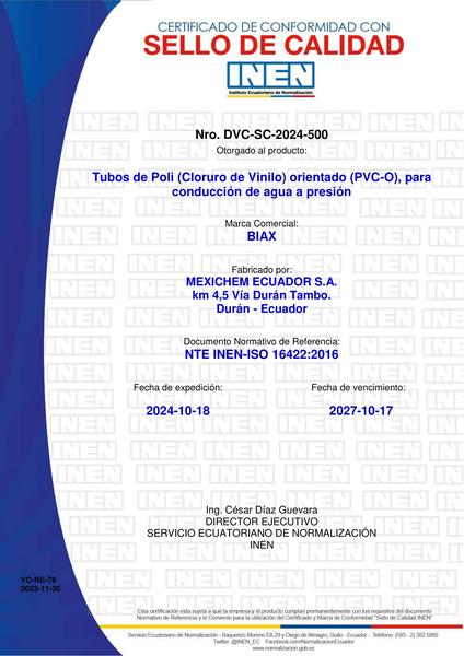 Sello  de calidad : Tubo PVC-O para Agua a Presión NTE INEN ISO 16422