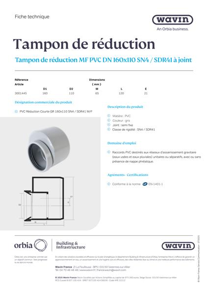 Fiche technique - Tampon de réduction SDR41 à joint