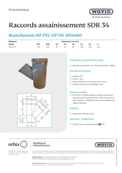 Fiche Technique Branchement MF PVC 45° DN 200x160- 3024710
