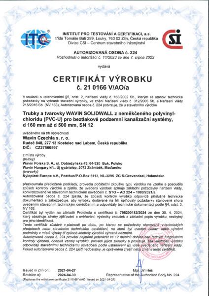 Certifikát Wavin Solidwall PVC SN 12 - venkovní kanalizace 