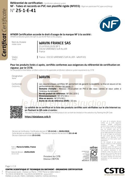 Certificat NF 055 NF-E - Raccords Evacuation - Varennes