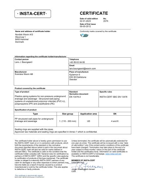 Godkendelse - No. 2076 - PP afløbsrør