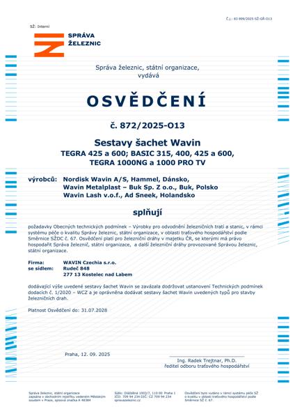 Osvědčení: Správa železničních a dopravních cest - kanalizační šachty