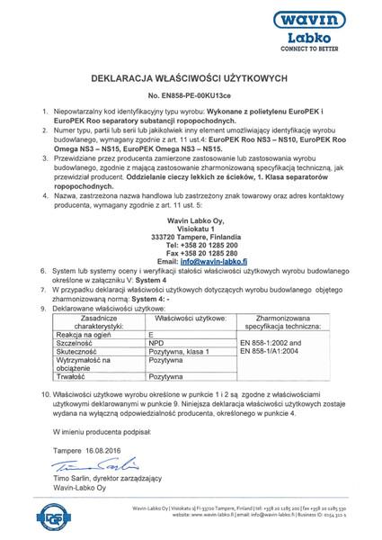 Deklaracja Właściwości Użytkowych DoP00KU13 Separatory EuroPEK Roo_EuroPEK Roo Omega_EuroPEK Omega_PE