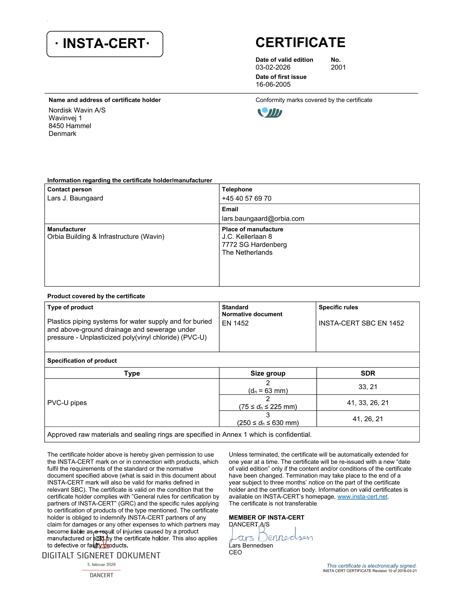 Godkendelse - No. 2001 - Markvandingsrør og PVC-trykrør for vandforsyning