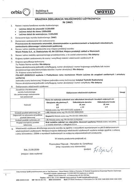 KDWU 244/1 Wavin Lalinea stelaż do umywalki zlewu wanny prysznica