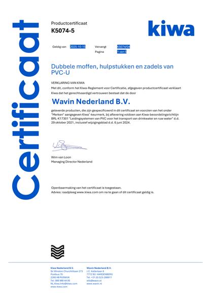 Certificaat Kiwa K5074-4 Dubbele moffen en hulpstukken van PVC-U