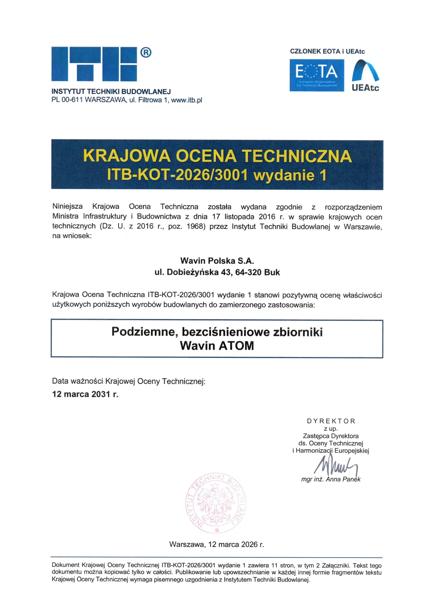 KOT ITB-KOT-2026/3001 wydanie 1 Podziemne, bezciśnieniowe zbiorniki ATOM