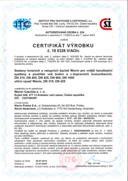 Certifikát výrobku: kanalizační šachty a uliční vpusti