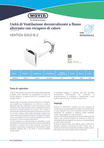 Scheda tecnica unità di Ventilazione decentralizzate a flussoalternato con recupero di calore Ventiza SOLO B-2