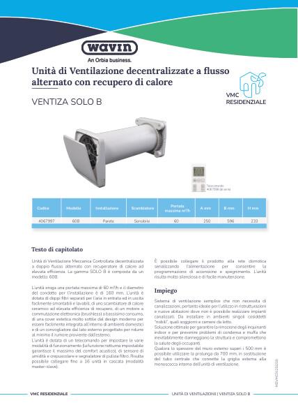Scheda tecnica unità di Ventilazione decentralizzate a flussoalternato con recupero di calore Ventiza SOLO B