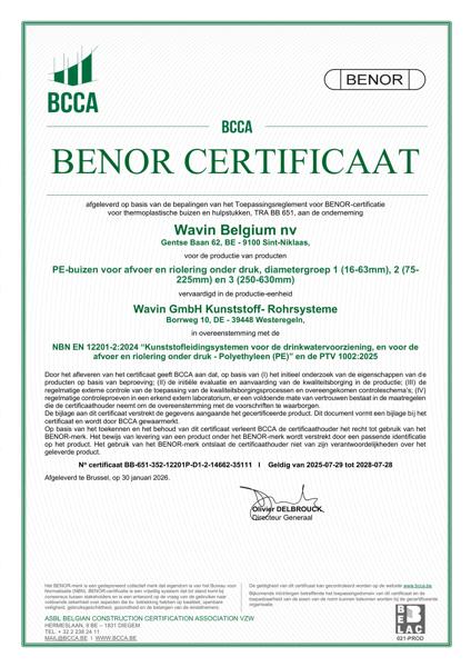 Certificaat BENOR PE EN 12201 PE-buizen voor afvoer en riolering onder druk D1 en D2 Westeregeln - Geldig tot 16-02-2029