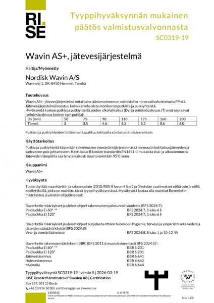 Sertifikaatit - No. SC0319-19 - Wavin AS+, jätevesijärjestelmä