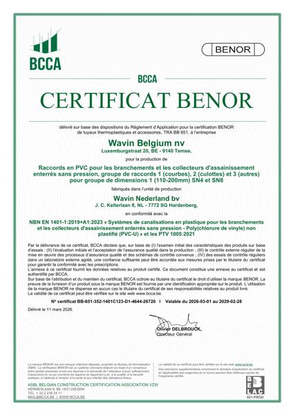 Certificat BENOR PVC EN 1401 Raccords en PVC pour les branchements et les collecteurs d'assainissement enterrés sans pression C1, C2 et C3 SN4 et SN8 Wavin NL