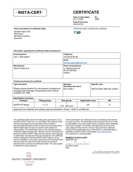 Godkendelse - No. 2084 - INSTA-CERT - WAFIX PP fittings
