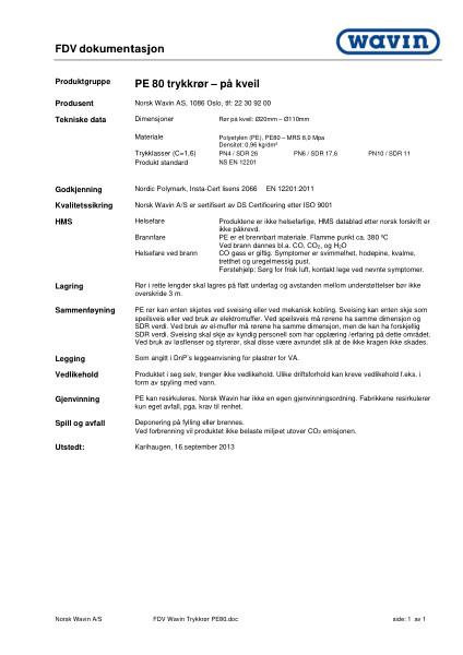 FDV Wavin PE 80 trykkrør - på kveil