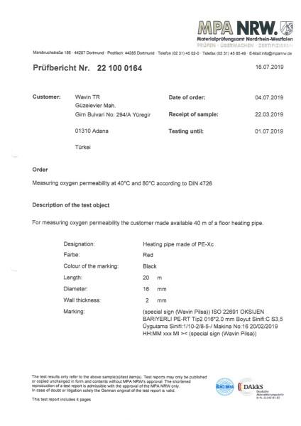 PERT MPA Oksijen Geçirgenlik Testi DIN4726