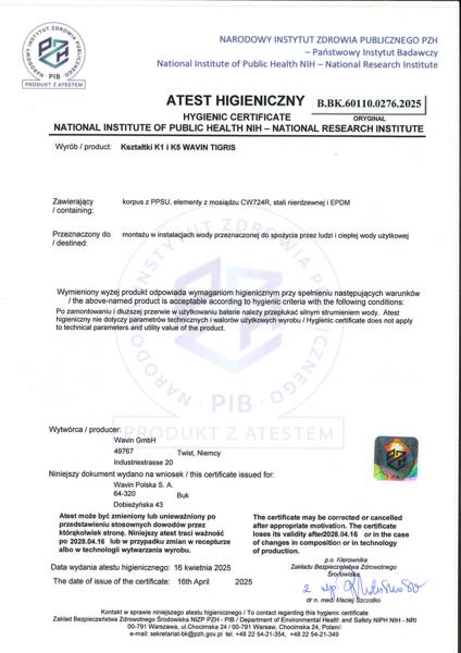 Atest PZH B.BK.60110.0276.2025 Kształtki K1 i K5 Wavin Tigris