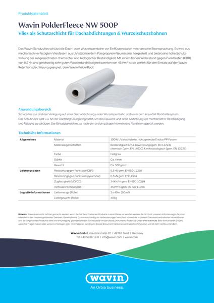 Produktdatenblatt Wavin PolderFleece NW 500P