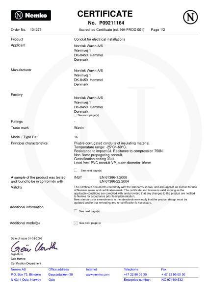 Godkjennelse - No. P09211164 - Korrugerte el-rør