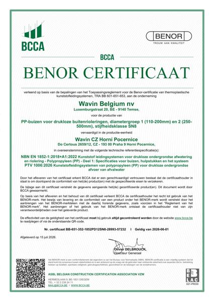Certificaat BENOR PP EN 1852 PP-buizen voor drukloze buitenrioleringen D1, D2 en D3 SN8 Horni Pocernice - Geldig vanaf 01-06-2026