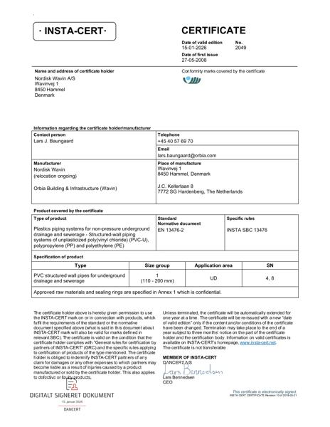 Godkendelse - No. 2049 - PVC & PP afløbsrør