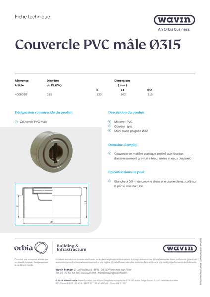 Fiche technique - Couvercle PVC Male DN315