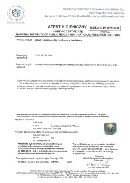 Atest PZH B.BK.60110.1099.2026 Złączki zaciskowe Wavin skręcane i wciskane