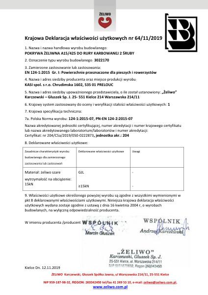 KDWU 64/11/2019-3022170 Pokrywa żeliwna 425 klasa A15