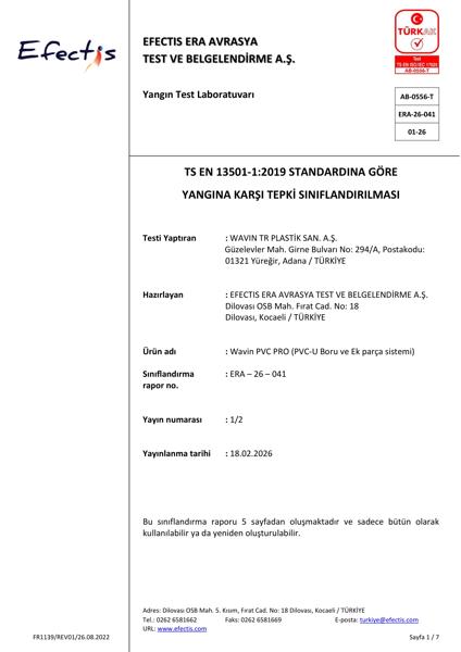 PVC Pro Yangın Sınıfı Sertifikası -2026