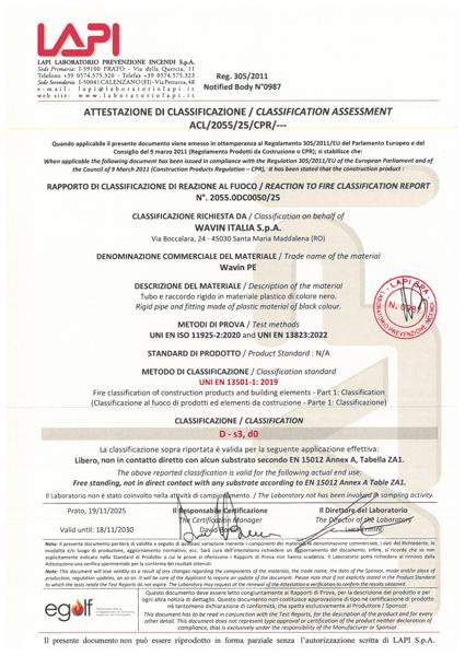 Rapporto di classificazione di reazione al fuoco Wavin PE 2025-2030