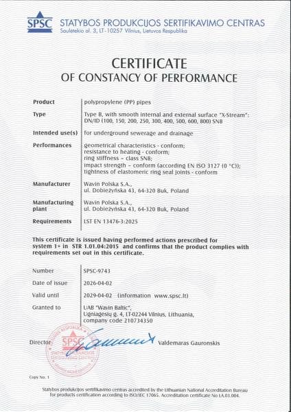 Certificate - Wavin X-Stream DN/ID 100-800 SN8 SPSC-9743