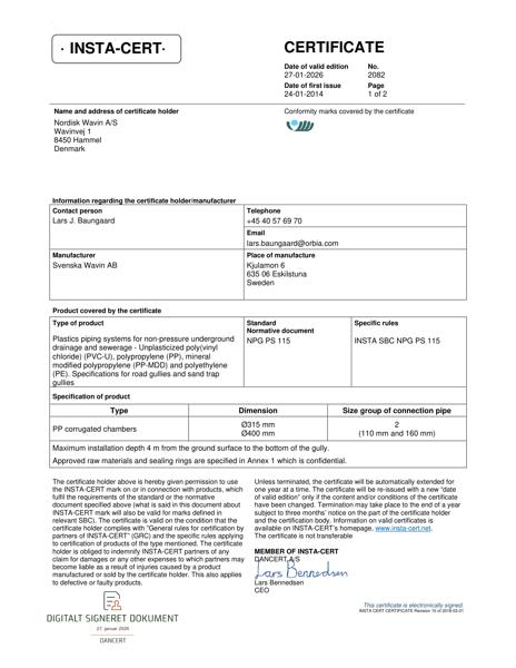 Godkendelse - No. 2082 - Korrugerede tagnedløbsbrønde og rendestensbrønde i PVC og PP